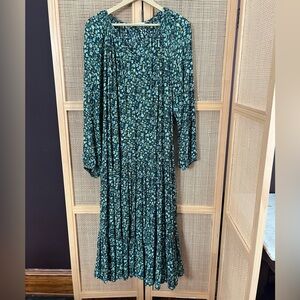 Sonoma Teal and Black Floral Long Sleeve Tiered Midi Dress